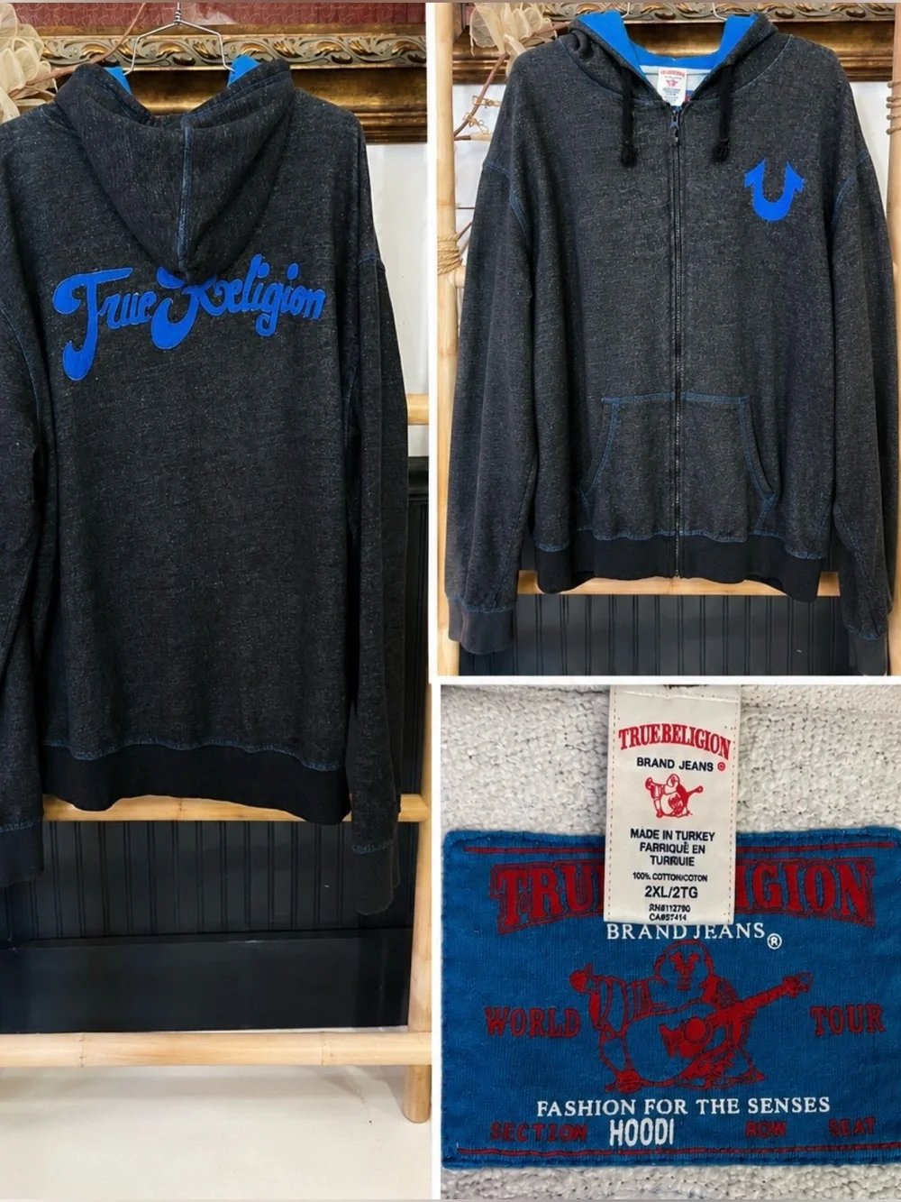 Y2K True Religion Raised Spellout Full Zip Hoodie Charcoal Blue Men’s 2XL🧡🎀